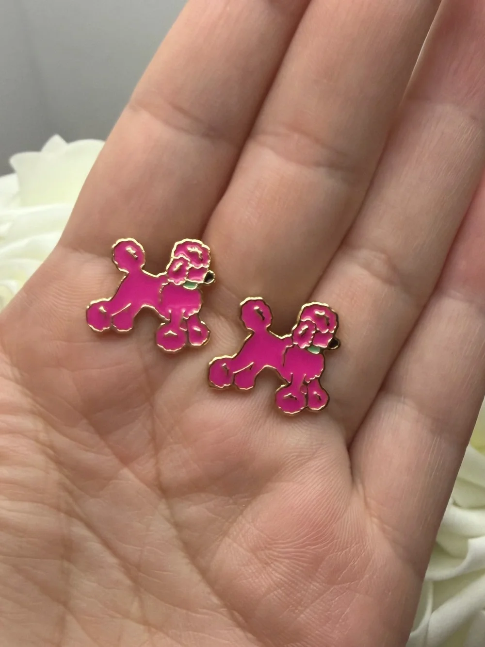 Pink Poodle Stud Earrings - Gold Trim